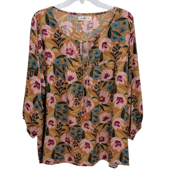 Natural Life Mustard Yellow Floral Print Top XL Tassel Ties 3/4 Sleeves Boho - Picture 1 of 14
